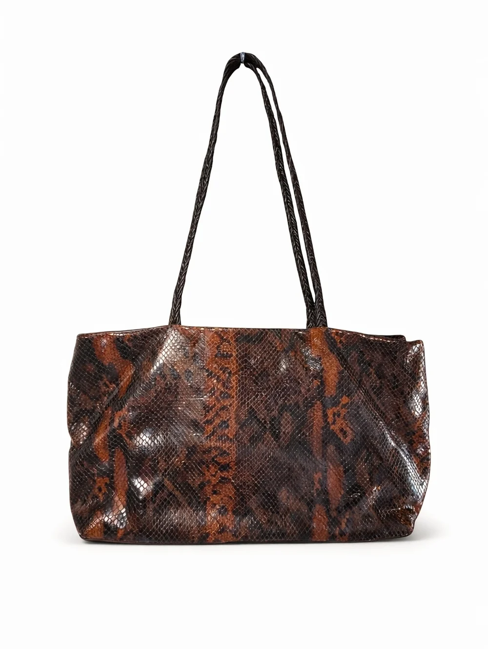 Falor Italian Leather Snakeskin Embossed Shoulder Bag Brown Black - Picture 3 of 14